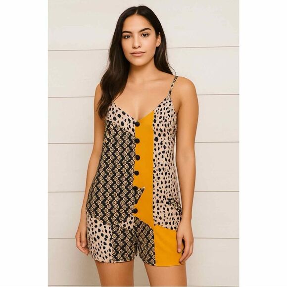 Topshop Patchwork Floral Animal Print Crepe Romper Yellow Black 6 - Picture 3 of 14